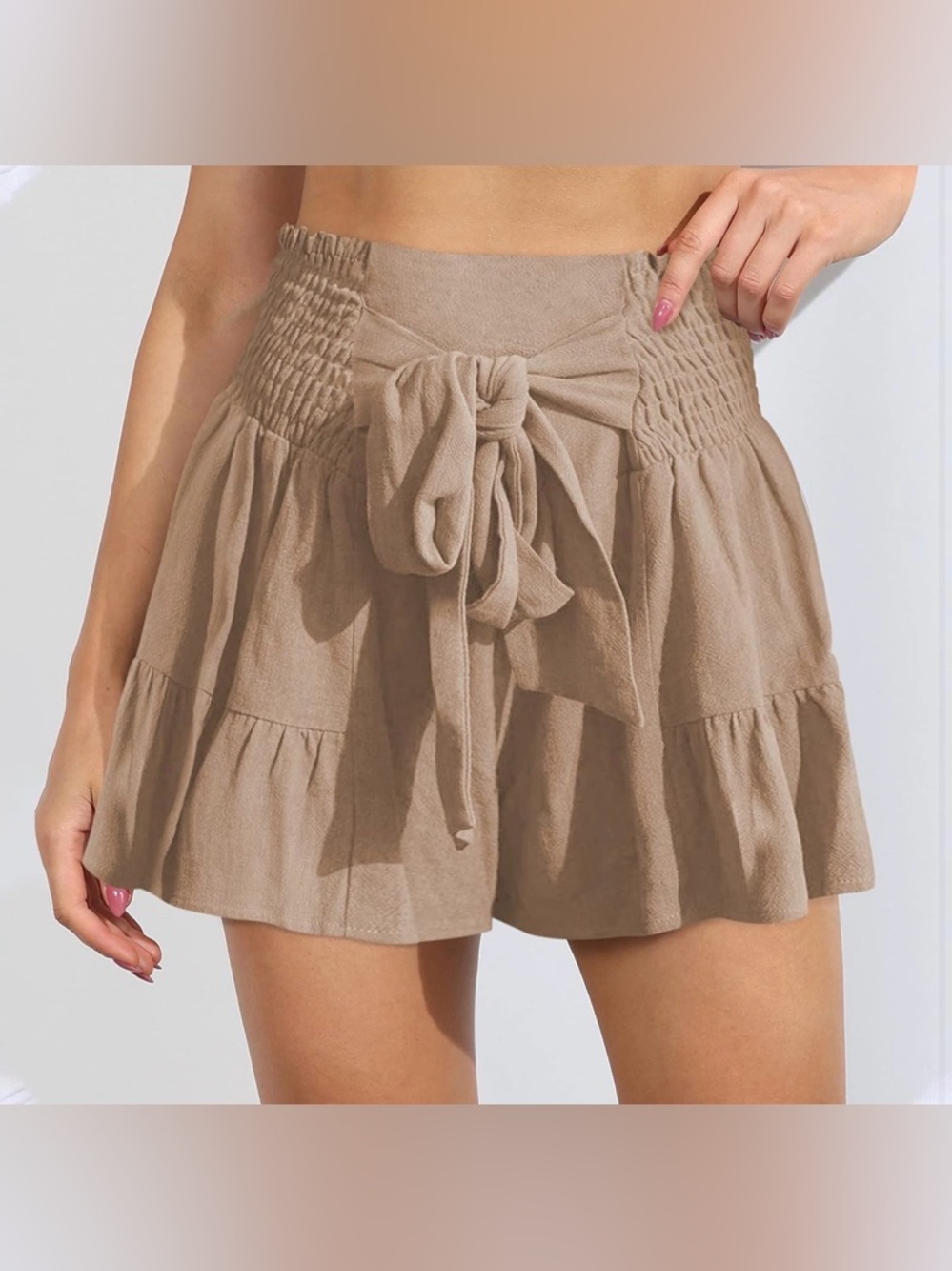 Smocked High-Waist Tie-Front Tiered Bermuda Shorts - Taupe